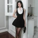 Womens Color Block Sleeveless Dress Sweet Style Collared Design Slim Fit Perfect for Autumn and