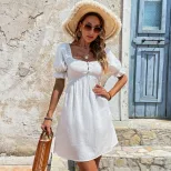 Womens A Line Dress Square Neck Puff Sleeves Waist Cinching Casual Vacation or Beach Wear Wholes