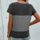 Casual Striped T Shirt V Neck Short Sleeve Summer Style Womens Fashion Top Wholesale Available