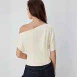 Off Shoulder T Shirt Slim Fit Short Sleeve Soft Fabric Unique Design Casual Wear for Women Whole