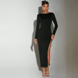 Elegant Midi Dress Sexy Backless Design Round Neck Long Sleeve Autumn Winter Fashion Wholesale A