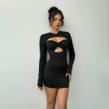 Y2K Party Dress Sexy Hollow Out Long Sleeve Bodycon Fit Solid Color Spring Summer Collection Rea