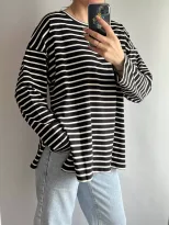 Striped Long Sleeve T Shirt for Women Casual Loose Fit Slimming Design Spring Summer Style Whole