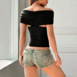 V Neck Twist Knot T Shirt Ruffled Off Shoulder Slim Fit Spring Summer Fashion for Women Wholesal