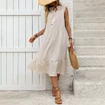 Sleeveless Straight Maxi Dress Solid Color Khaki Casual Beach Vacation low MOQ