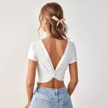 Slim Fit Short Sleeve Knit T Shirt Sexy V Neck Backless Design Trendy Style Perfect for Casual O