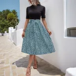 Summer Elegant Color Block Leopard Print Dress Half High Neck Fresh Style Versatile for Casual o