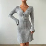 Elegant Gray Flared Sleeve Dress Slim Fit Short Length Minimalist Style Spring Summer Collection