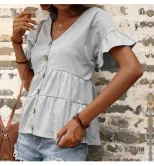 Casual Loose V Neck T Shirt Ruffle Sleeve Solid Color Trendy Style Perfect for Vacation Wear Who