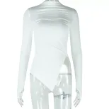 Womens Long Sleeve Fitted T Shirt Solid Color Ruffled Design Irregular Hem Street Style Casual W