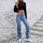 Womens Casual Layered Wide Leg Wrinkled Denim Pants Stretchy Fabric Relaxed Fit Trendy Style Who