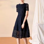 Lace Hollow Out Midi Dress for Women Round Neck Short Sleeve Summer Casual Wear