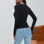 Womens Knitted Top Wrinkle Design Button Detail Asymmetrical Style Autumn Winter Fashion Wholesa
