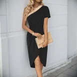 Asymmetrical Color Block Dress Waist Defining One Shoulder Elegant Style Perfect for Parties and