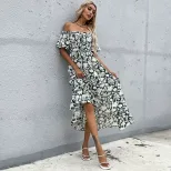 Summer Floral Off Shoulder Midi Dress Slim Fit Short Sleeve Waist Defining Casual Wear Wholesale