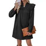 Long Sleeve Ruffle Hem Dress Loose Fit Solid Color Stand Collar Casual Wear Spring Fall Wholesal