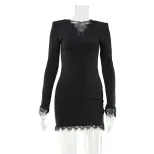 French Style Womens Lace V Neck Bodycon Dress Long Sleeve Solid Color Slim Fit Perfect for Autum