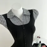 Color Block Plaid Short Sleeve T Shirt Slim Fit Waist Cinching Design Casual Style Ready to Ship