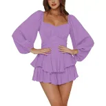Womens Ruffled Jumpsuit Lantern Long Sleeves Square Neck Waist Cinching Chic Style Summer Casual