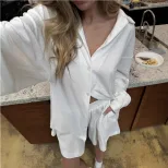 Womens Summer Two Piece Set Relaxed Fit Long Sleeve White Cardigan Towel Fabric Comfortable Home