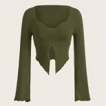 Irregular Split Long Sleeve T Shirt for Women Trendy European Style Ribbed Knit Fabric Versatile