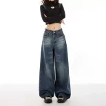 Wide Leg High Waisted Denim Trousers Vintage Style Versatile Design Comfortable Fit Casual Wear