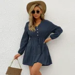 Casual Long Sleeve Dress Solid Color Slim Fit Pleated Design Autumn Winter Fashion Wholesale Ava