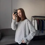 Striped Long Sleeve T Shirt for Women Casual Loose Fit Slimming Design Spring Summer Style Whole