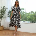 Black Floral Print One Piece Dress Short Sleeve Summer Style Casual Wear Wholesale Available