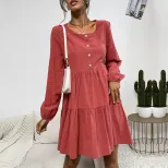 Loose Fit Long Sleeve Dress Cotton Linen Blend Pleated Design Vibrant Red Casual Wear for Spring