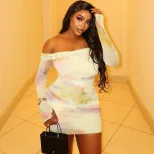 Casual Floral Print Bodycon Dress Fresh and Comfortable Off Shoulder Long Sleeve Ideal for Sprin