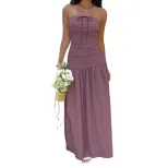 French Style Strapless Maxi Dress Soft Fabric Waist Tie Design Non Slip Strips Summer Vacation W