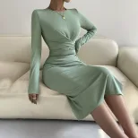 Womens Long Sleeve Bodycon Midi Dress Round Neck Slim Fit Elegant Style Perfect for Parties and