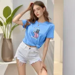 Loose Fit Cartoon Print T Shirt Round Neck Cute Design Casual Style Perfect for Girls Wholesale