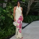 Fashion Floral Print Sleeveless Maxi Dress Sexy Off Shoulder Design Elegant Draped Neckline Perf