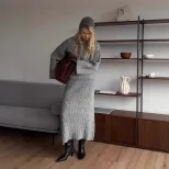 Womens Chunky Knit Sweater Set Solid Color Round Neck Loose Fit Includes Wide Leg Pants and Scar