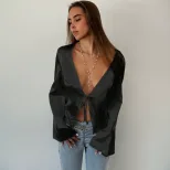 Loose Satin Tie Front Cardigan T Shirt Sexy Style Spring Summer Fashion Womens Apparel Wholesale