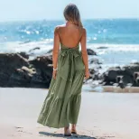 Green Backless Tie Back Maxi Dress Flowy Silhouette Vacation Style Beachwear Wholesale Available