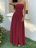 French Style Strapless Maxi Dress Soft Fabric Waist Tie Design Non Slip Strips Summer Vacation W