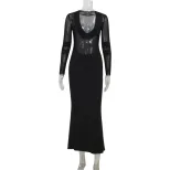 Elegant Mermaid Maxi Dress Deep V Neck Sheer Mesh Panels Bodycon Fit Solid Color Perfect for Eve