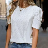 Summer Womens White Textured Top Puff Sleeve Casual Style Perfect for Everyday Wear Wholesale Av