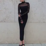 Elegant Womens Long Dress Half Turtleneck Sheer Mesh Panels Fitted Silhouette Solid Color Should
