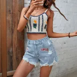 High Waisted Distressed Denim Shorts Embroidered Casual Frayed Hem Summer Fashion for Women Read