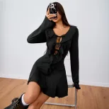 Womens Sexy Tie Front Semi Open Cardigan Dress Ruffled Hem Slim Fit Short Length Spring Summer F