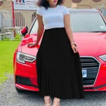 Plus Size Womens Long Pleated Skirt Solid Color High Waist Flared Design Autumn Fashion for Casu