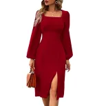 Elegant Midi Dress Side Slit Square Neck Waist Cinching Flattering Fit Perfect for Parties and F