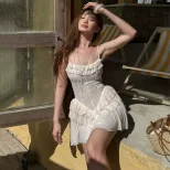 Womens Summer Ruffled Backless Midi Dress French Sweet Style Waist Defining Vacation Ready Wholesale Available
