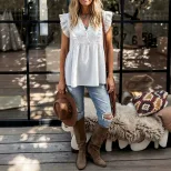 Summer Vacation Style V Neck Short Sleeve Ruffle Hem Loose Fit Top Lightweight Flattering Versat