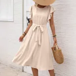 Casual Solid Color A Line Dress Flutter Sleeves Round Neck Tie Waist Perfect for Vacation or Sum