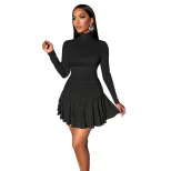 High Neck Bodycon Knit Dress Black Ruffled Hem Layered Design Short Length Perfect for Parties o